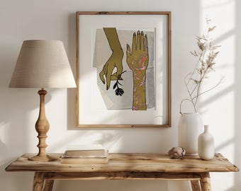 Tocco di crescita - Mani minimaliste con fiore, stampa botanica da parete, stampa botanica minimalista, arte digitale stampabile