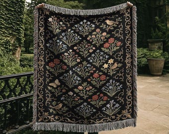Dark Botanical Woven Blanket | Country Gothic Tapestry | Vintage Black Floral Cottagecore Throw Blanket