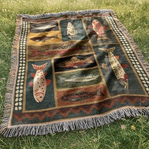 Mountain Fish Woven Blanket | Dark Western Folk Lodge Cabin Tapestry | Rustic Country Salmon Trout Throw Blanket