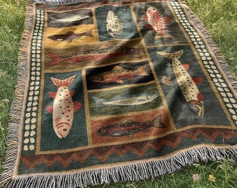 Mountain Fish Woven Blanket | Dark Western Folk Lodge Cabin Tapestry | Rustic Country Salmon Trout Throw Blanket