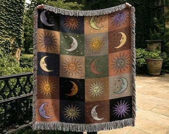 Celestial Astrology Blanket | Moon and Sun Woven Tapestry | Esoteric Dark Academia Patchwork Throw Blanket