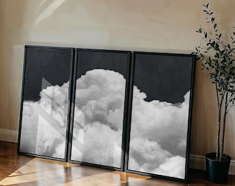 Nubes de cielo oscuro / Arte de pared grande de 3 piezas, conjunto de lienzo enmarcado de gran tamaño, impresión tríptico Japandi