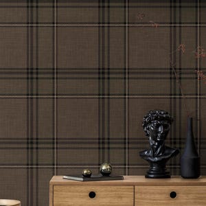 Brown Tartan Wallpaper — Dark Plaid  Wallpaper | Moody Check Backdrop | Custom Self-adhesive, Pre-pasted T12IWP