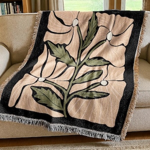 Dunkle Boho Pflanzen gewebte Decke | Botanische Abstrakte Matisse Baumwolle Strickteppich Fransen Decke | Rustikale Cowgirl Wohnkultur Geschenk
