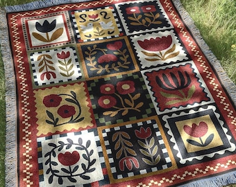 Country Floral Woven Blanket | Red Folk Motif Tapestry Throw Blanket | Rustic Boho Vintage Farmhouse Home Decor