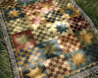 Farmhouse Checkered Blanket | Rustic Country Folk Tapestry Throw Blanket | Boho Vintage Home Decor Woven Blanket