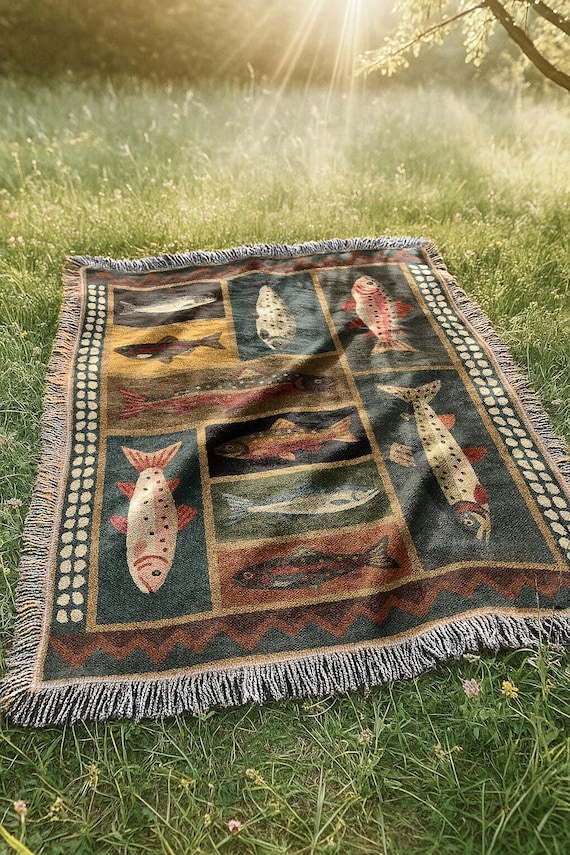 Mountain Fish Woven Blanket | Dark Western Folk Lodge Cabin Tapestry | Rustic Country Salmon Trout Throw Blanket