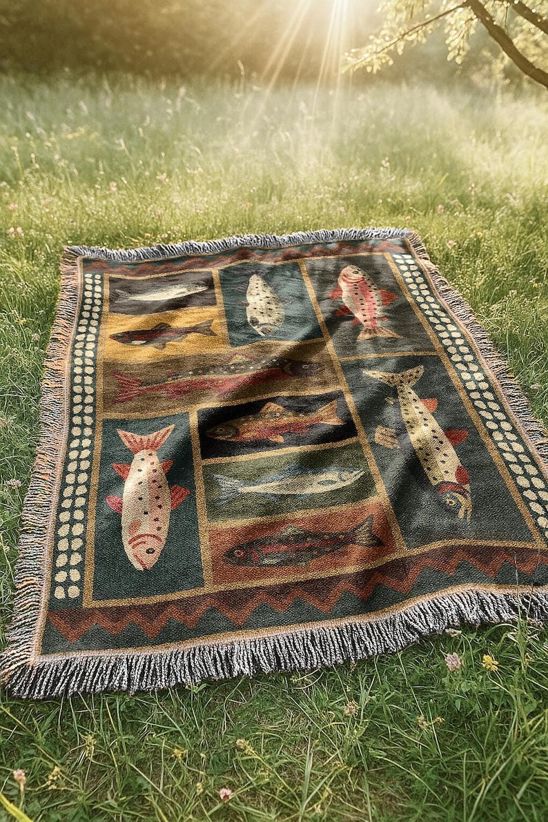 Puede incluir: Una manta rectangular tejida con un patr&oacute;n repetido de ilustraciones de peces en tonos rojos, marrones y verdes. La manta tiene un borde con flecos y se muestra sobre hierba, ideal para uso al aire libre.