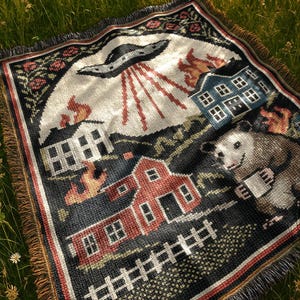 May include: Woven throw blanket with a black background featuring a UFO, burning houses, and an opossum holding a mug. The blanket has a fringe border with red, white, and tan stripes. The design is a pixelated style.