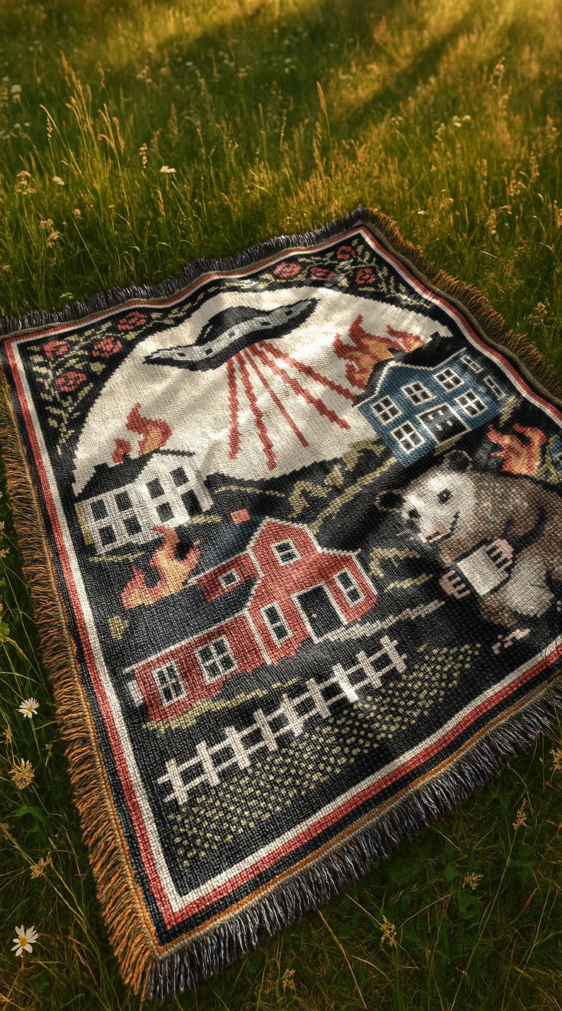 May include: Woven throw blanket with a black background featuring a UFO, burning houses, and an opossum holding a mug. The blanket has a fringe border with red, white, and tan stripes. The design is a pixelated style.