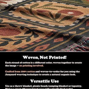 May include: Woven throw blanket with a floral pattern in shades of brown, green, and cream. The blanket features a fringed edge and the text "Woven, Not Printed!" in the image.