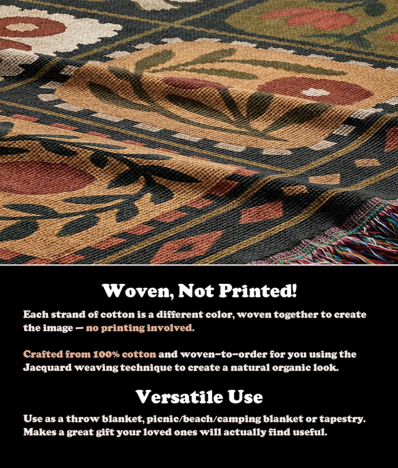 May include: Woven throw blanket with a floral pattern in shades of brown, green, and cream. The blanket features a fringed edge and the text "Woven, Not Printed!" in the image.