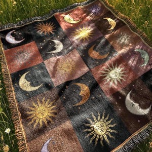 Boho Celestial Blanket | Moon and Sun Woven Tapestry | Esoteric Dark Academia Astrology Throw Blanket