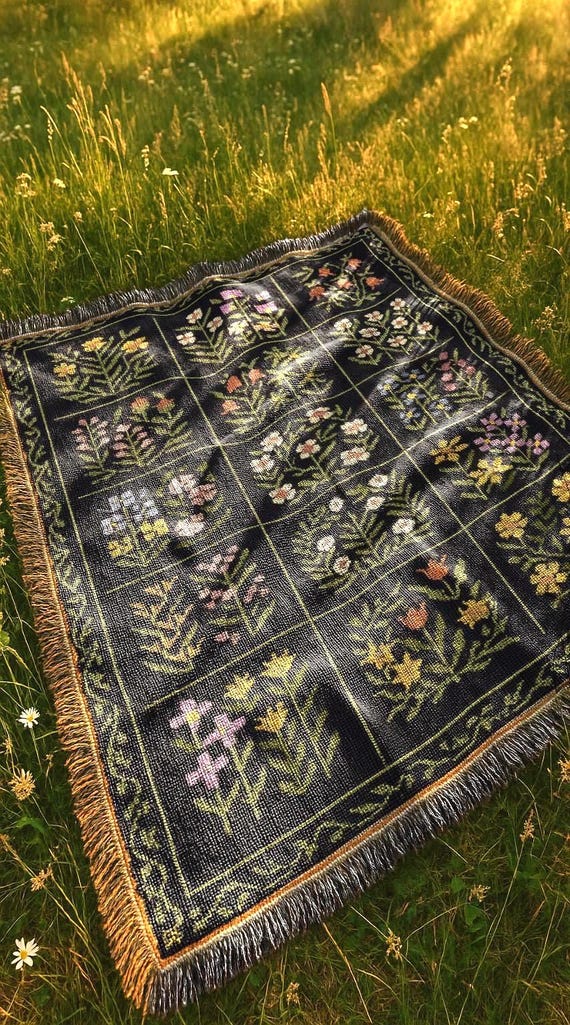 Dark Botanical Blanket | Country Tapestry Throw Blanket | Vintage Black Floral Boho Cottagecore Woven Blanket