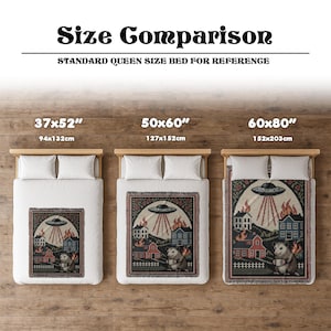 May include: A size comparison of three woven throw blankets with a unique design. The blankets are displayed on beds, with sizes 37x52 inches, 50x60 inches, and 60x80 inches. Each blanket features a scene with a UFO, houses, and an opossum.