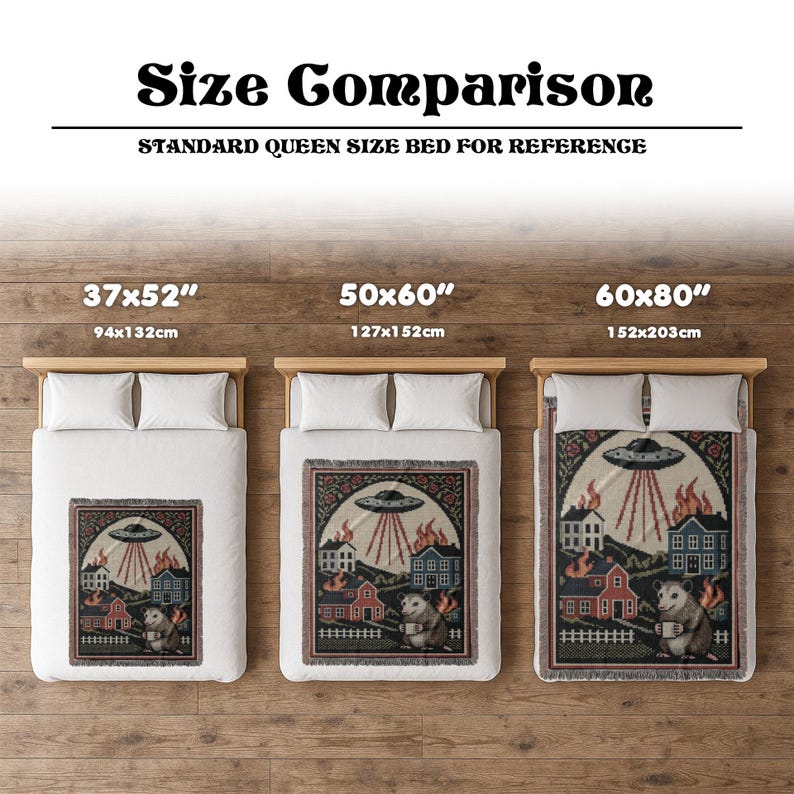 May include: A size comparison of three woven throw blankets with a unique design. The blankets are displayed on beds, with sizes 37x52 inches, 50x60 inches, and 60x80 inches. Each blanket features a scene with a UFO, houses, and an opossum.