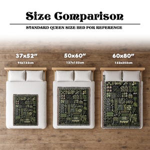 May include: Image comparing the sizes of botanical-themed throw blankets: 94x132cm, 127x152cm, and 152x203cm. Each blanket is shown on a bed with a white duvet cover and pillows. The text "Size Comparison" is at the top, with a reference to a queen size bed.