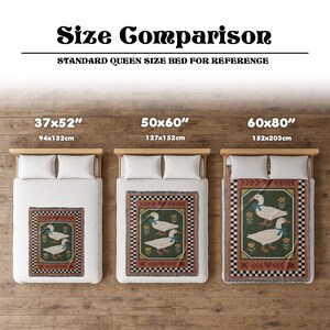 May include: A size comparison image of three throw blankets with a duck design. The blankets are 37x52 inches, 50x60 inches, and 60x80 inches. Each blanket is displayed on a bed. The text "Size Comparison" is at the top.