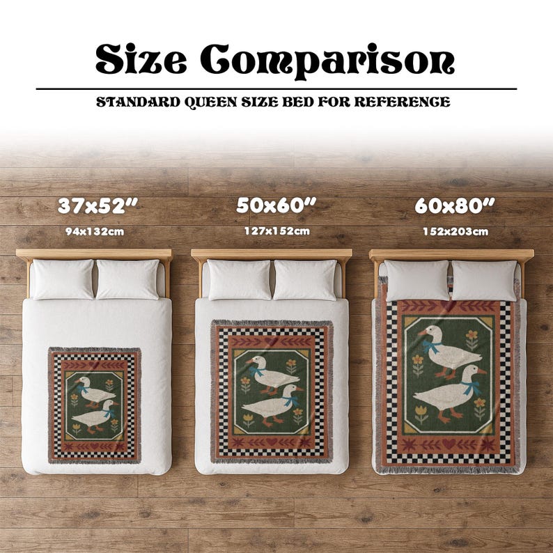 May include: A size comparison image of three throw blankets with a duck design. The blankets are 37x52 inches, 50x60 inches, and 60x80 inches. Each blanket is displayed on a bed. The text "Size Comparison" is at the top.