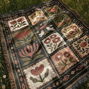 Retro Dark Floral Blanket | Country Folk Motif Throw Tapestry| Rustic Boho Preppy Vintage Farmhouse Home Decor Gift Woven Blanket image 1