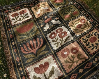 Retro Dark Floral Blanket | Country Folk Motif Throw Tapestry| Rustic Boho Preppy Vintage Farmhouse Home Decor Gift Woven Blanket