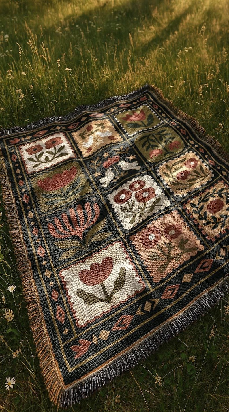 Retro Dark Floral Blanket | Country Folk Motif Throw Tapestry| Rustic Boho Preppy Vintage Farmhouse Home Decor Gift Woven Blanket image 1