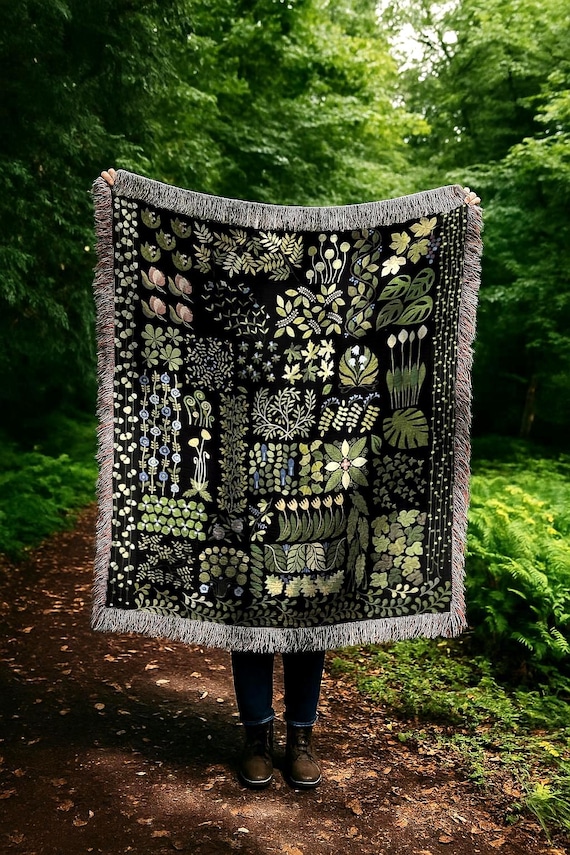 Green Botanical Blanket | Dark Country Throw Blanket | Vintage Boho Cottagecore Woven Tapestry