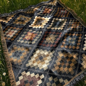 Country Farmhouse Blanket | Rustic Native Folk Tapestry Throw Blanket | Boho Vintage Western Woven Blanket