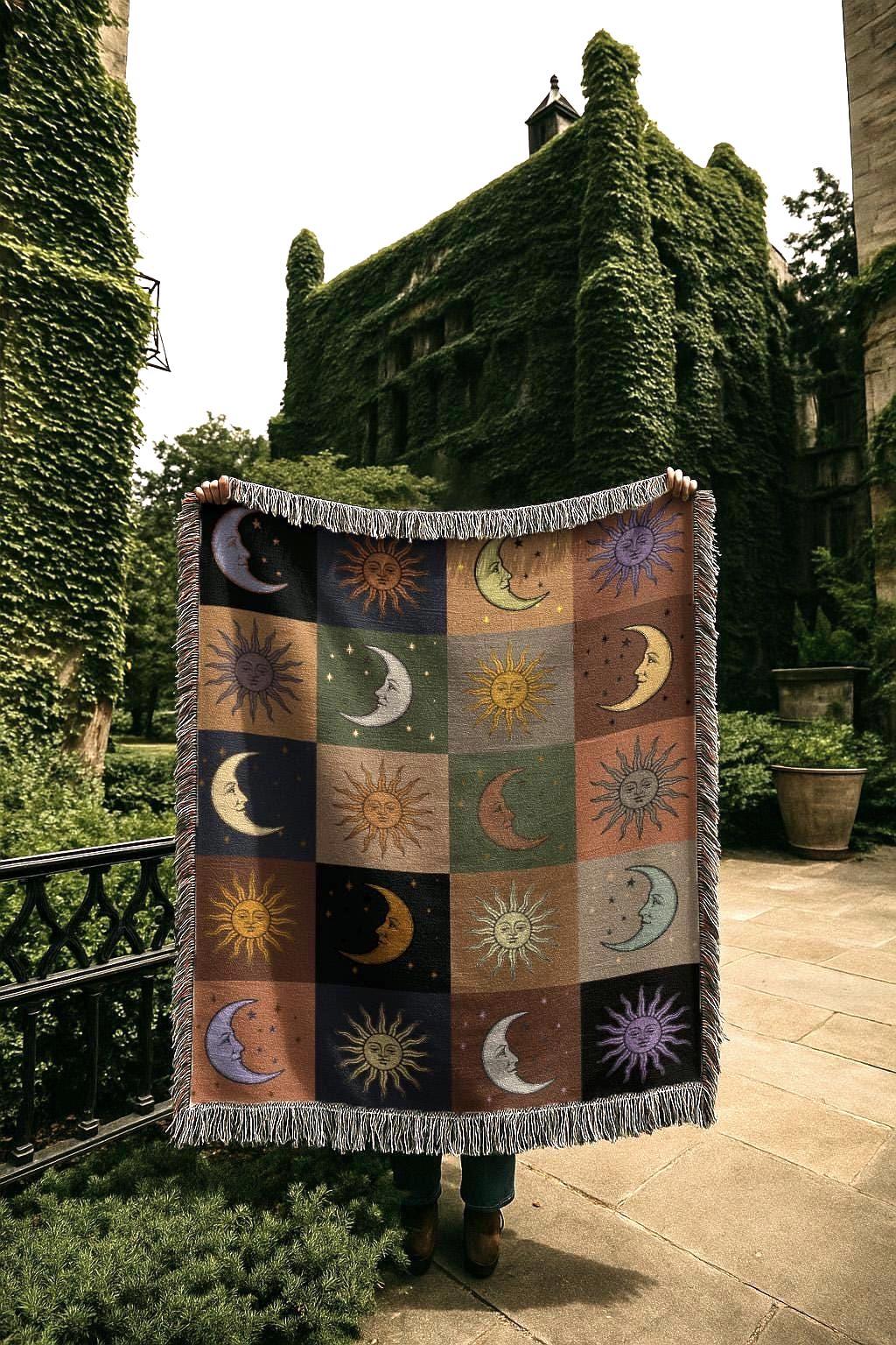 Celestial Astrology Blanket | Moon and Sun Woven Tapestry | Esoteric Dark Academia Patchwork Throw Blanket