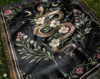 Snake Floral Blanket | Witchy Dark Academia Woven Tapestry | Celestial Forest Throw Blanket
