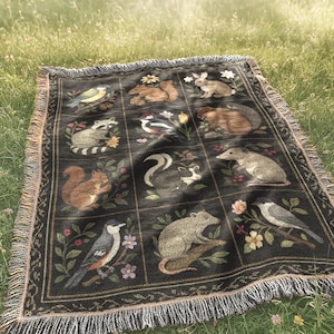 Forest Animals Woven Blanket | Dark Country Folk Lodge Cabin Tapestry | Cottagecore Patchwork Throw Blanket