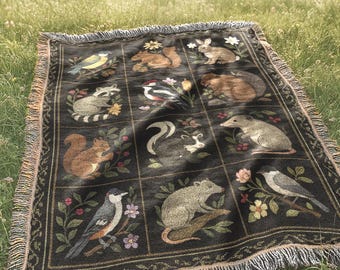 Forest Animals Woven Blanket | Dark Country Folk Lodge Cabin Tapestry | Cottagecore Patchwork Throw Blanket