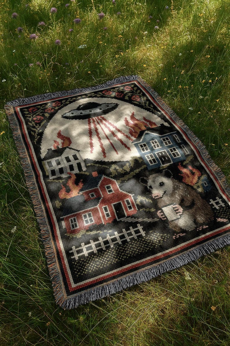May include: Woven throw blanket with a whimsical design featuring a UFO, burning houses, and an opossum holding a mug. The blanket has a black border with red and white accents and fringe.