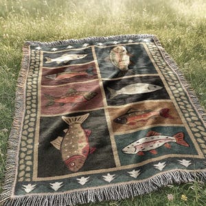 Manta tejida vintage con peces / Tapiz de cabaña campestre del oeste / Decoración rústica para el hogar con salmón y trucha imagen 1