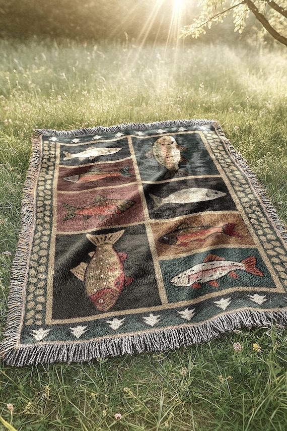 Vintage Fish Woven Blanket | Western Country Folk Lodge Cabin Tapestry | Rustic Home Decor Salmon Trout Throw Blanket