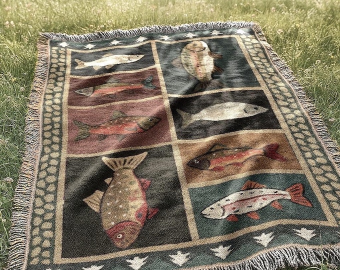 Vintage Fish Woven Blanket | Western Country Folk Lodge Cabin Tapestry | Rustic Home Decor Salmon Trout Throw Blanket