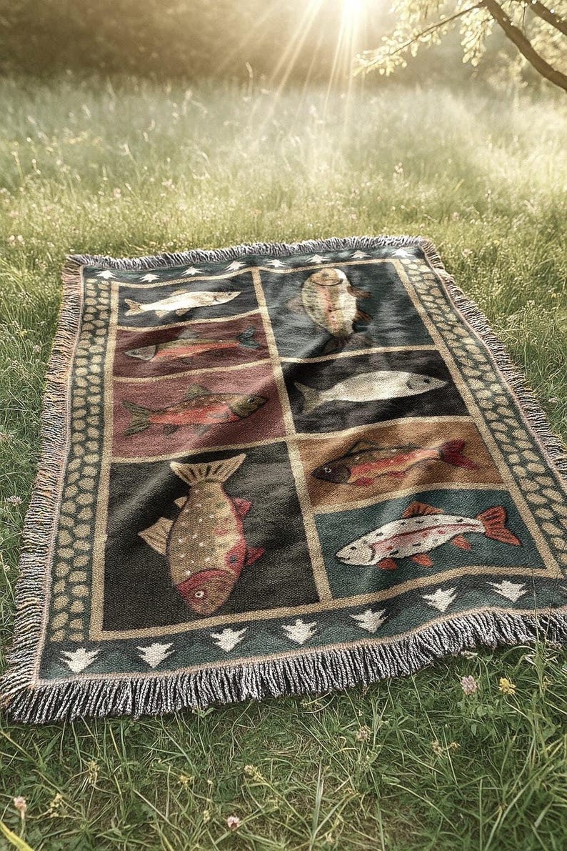 Manta tejida vintage con peces / Tapiz de cabaña campestre del oeste / Decoración rústica para el hogar con salmón y trucha imagen 1