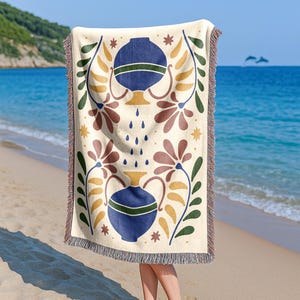 Boho Retro Decke | Floral Abstrakte Matisse Baumwolle gestrickte Tapisserie Fransen Decke | Handgemacht beige Cowgirl Wohnkultur Geschenk