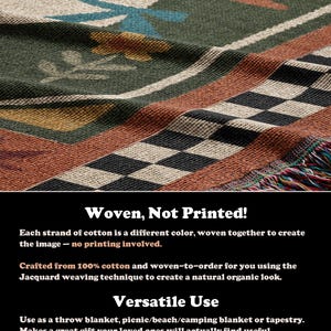May include: Woven throw blanket with a geometric pattern and a goose design. The blanket features a mix of colors including green, brown, black, and white. The text on the image says "Woven, Not Printed!" and "Versatile Use."