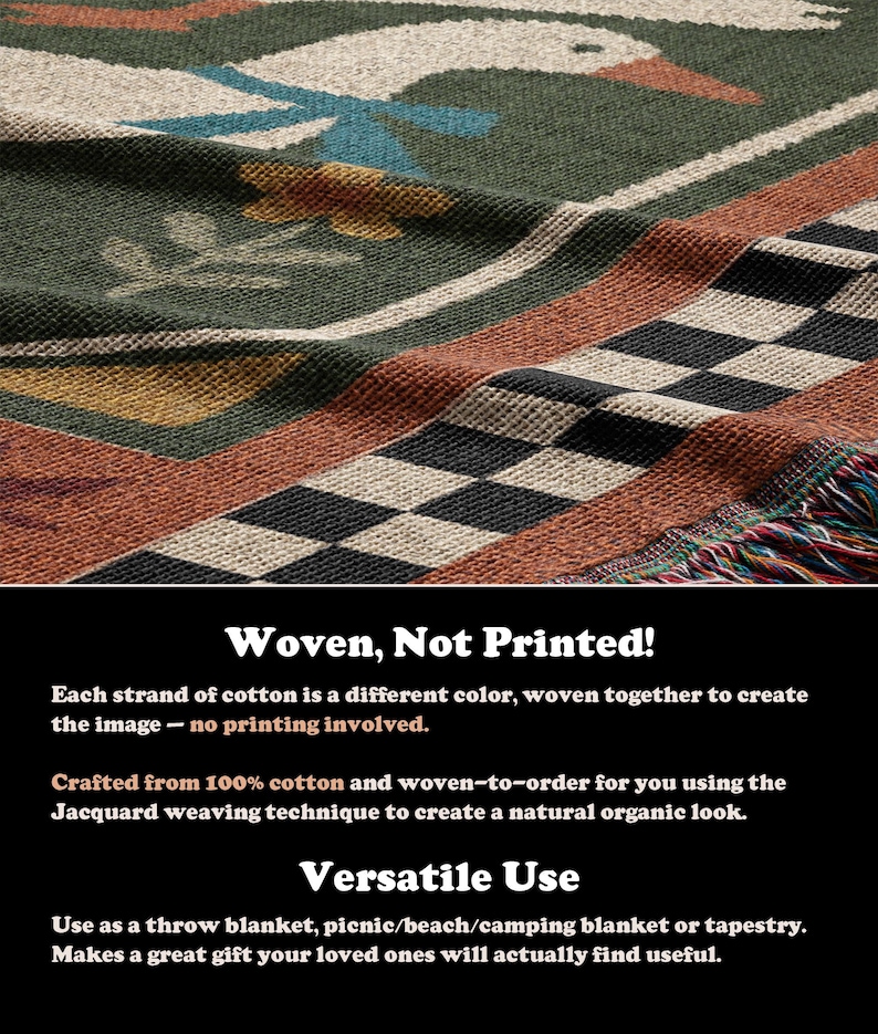 May include: Woven throw blanket with a geometric pattern and a goose design. The blanket features a mix of colors including green, brown, black, and white. The text on the image says "Woven, Not Printed!" and "Versatile Use."