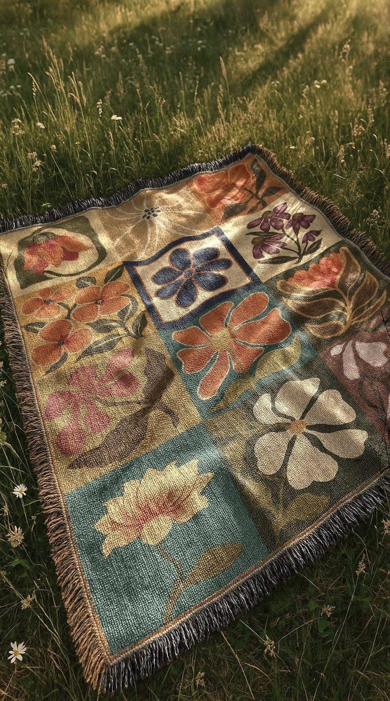 Retro Floral Woven Blanket | Rustic Preppy Mid Century Modern Tapestry ...