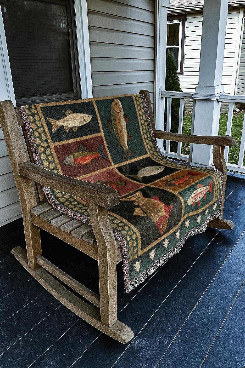 Vintage Fish Woven Blanket | Western Country Folk Lodge Cabin Tapestry | Rustic Home Decor Salmon Trout Throw Blanket