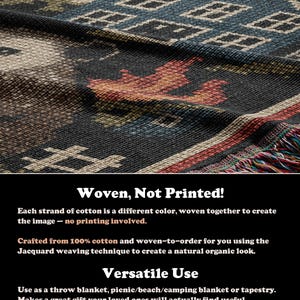 May include: Woven throw blanket with a geometric pattern in shades of blue, red, brown, and cream. The blanket has a fringed edge and is made from 100% cotton using the Jacquard weaving technique.