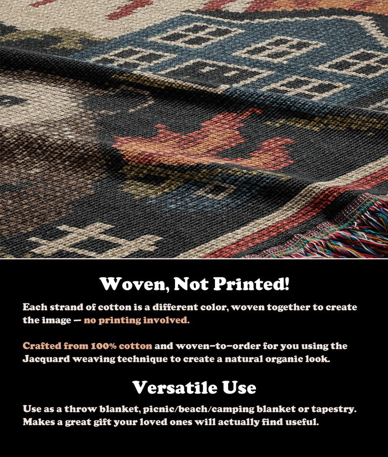 May include: Woven throw blanket with a geometric pattern in shades of blue, red, brown, and cream. The blanket has a fringed edge and is made from 100% cotton using the Jacquard weaving technique.