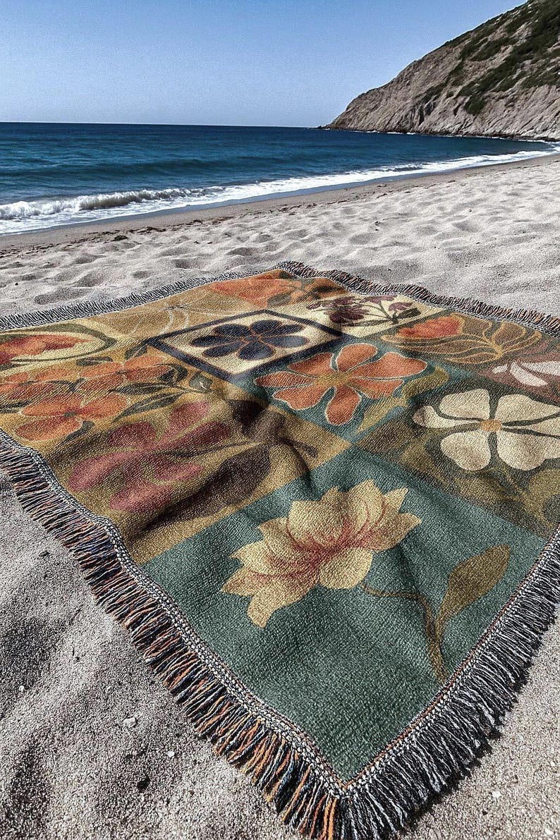 Retro Floral Woven Blanket | Rustic Preppy Mid Century Modern Tapestry ...