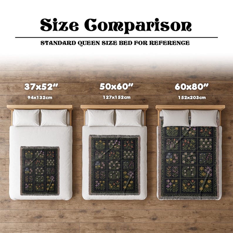 May include: Image showing a size comparison of decorative blankets. The blankets are displayed on beds, with dimensions of 37x52 inches (94x132cm), 50x60 inches (127x152cm), and 60x80 inches (152x203cm). Each blanket has a dark background with a floral pattern.