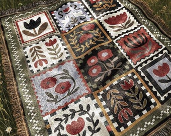 Country Botanical Woven Blanket | Folk Motif Tapestry Throw Blanket | Cottagecore Vintage Farmhouse Home Decor