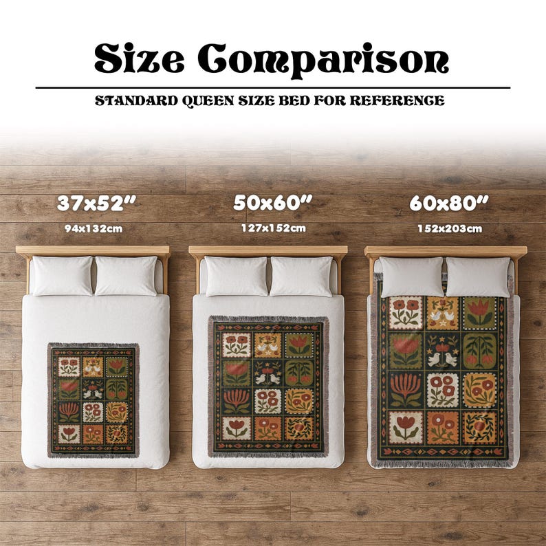 May include: Image showing a size comparison of decorative throw blankets. The blankets are displayed on beds, with sizes 37x52 inches, 50x60 inches, and 60x80 inches. Each blanket features a floral pattern in shades of green, red, and yellow.