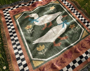 Retro Country Duck Blanket | Folk Farmhouse Tapestry Throw Blanket | Rustic Boho Preppy Vintage Woven Blanket