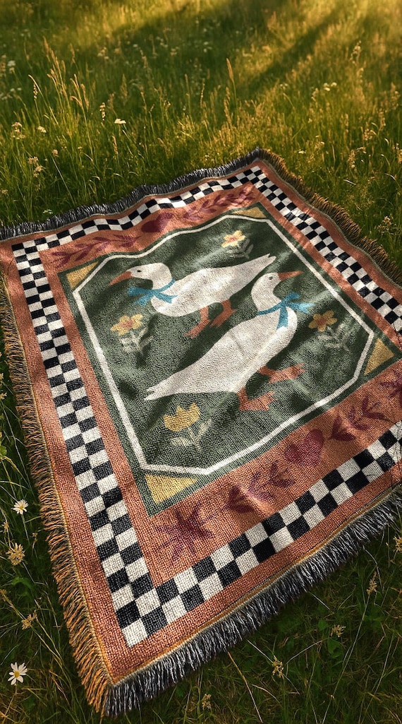 Retro Country Duck Blanket | Folk Farmhouse Tapestry Throw Blanket | Rustic Boho Preppy Vintage Woven Blanket
